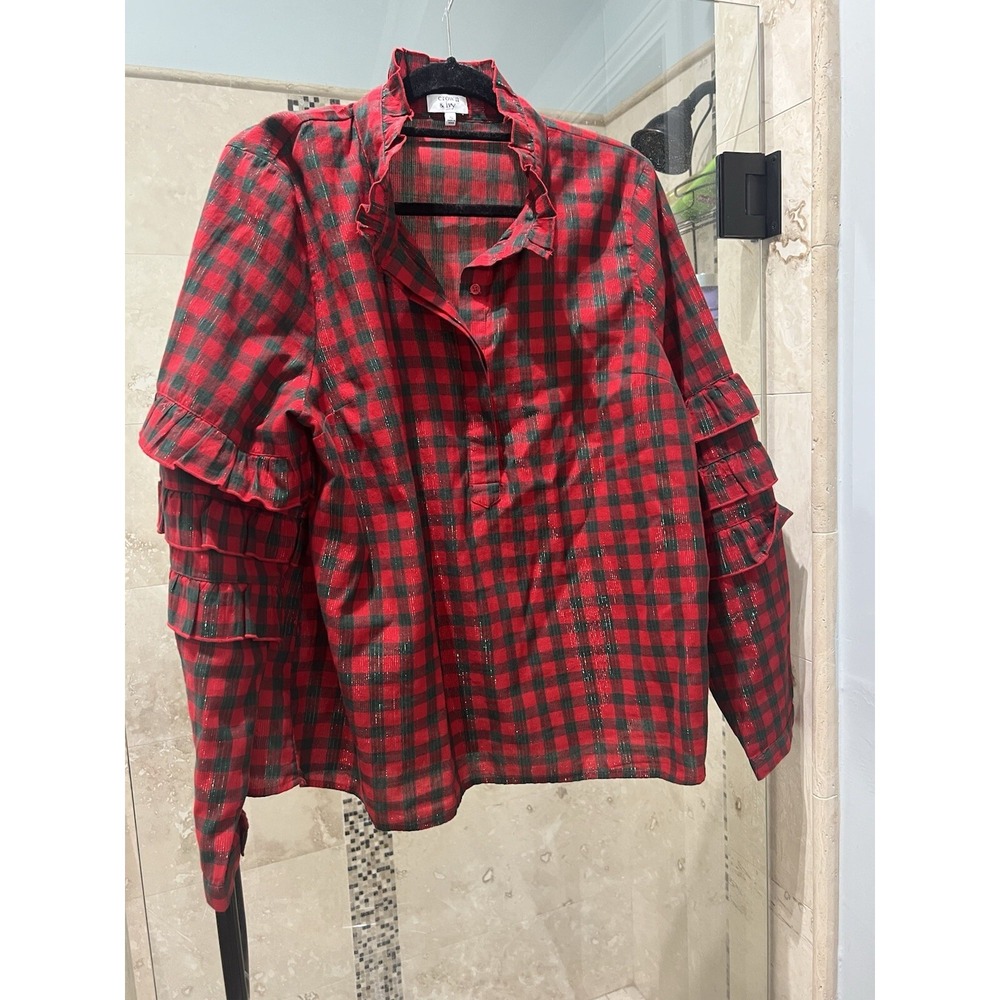 Crown Ivy Womens Metallic Green  Red Plaid Button Top Lightweight Ruffle Xl